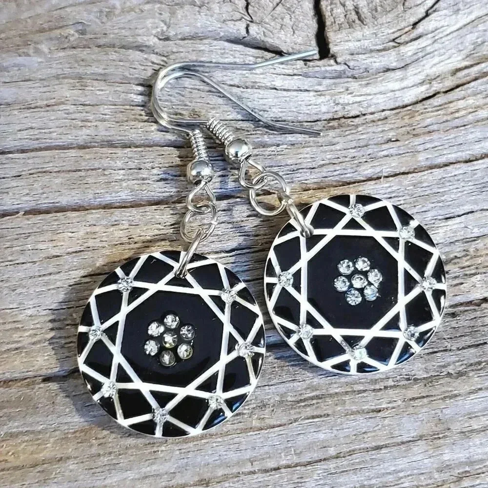 Vintage Y2K White Black Lucite Austrian Abstract Atomic Science Circles Earrings